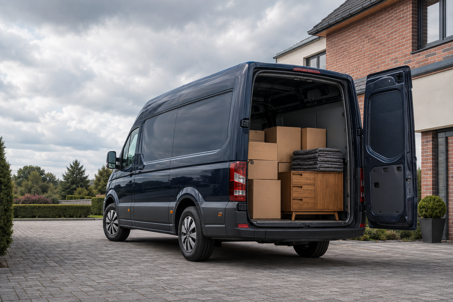 Dunkler Transporter mit geöffneter Ladefläche und ordentlich verstauten Möbeln